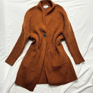 ONLY Longline Cardigan Sweater Coat Ribbed Knit Rust Brown Button M